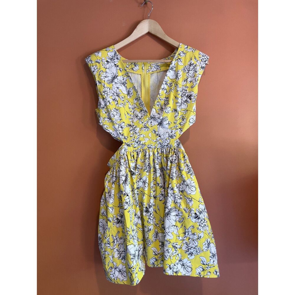Yellow Floral Cutout Dress Medium V Neck Sleeveless Fit and Flare Sundress